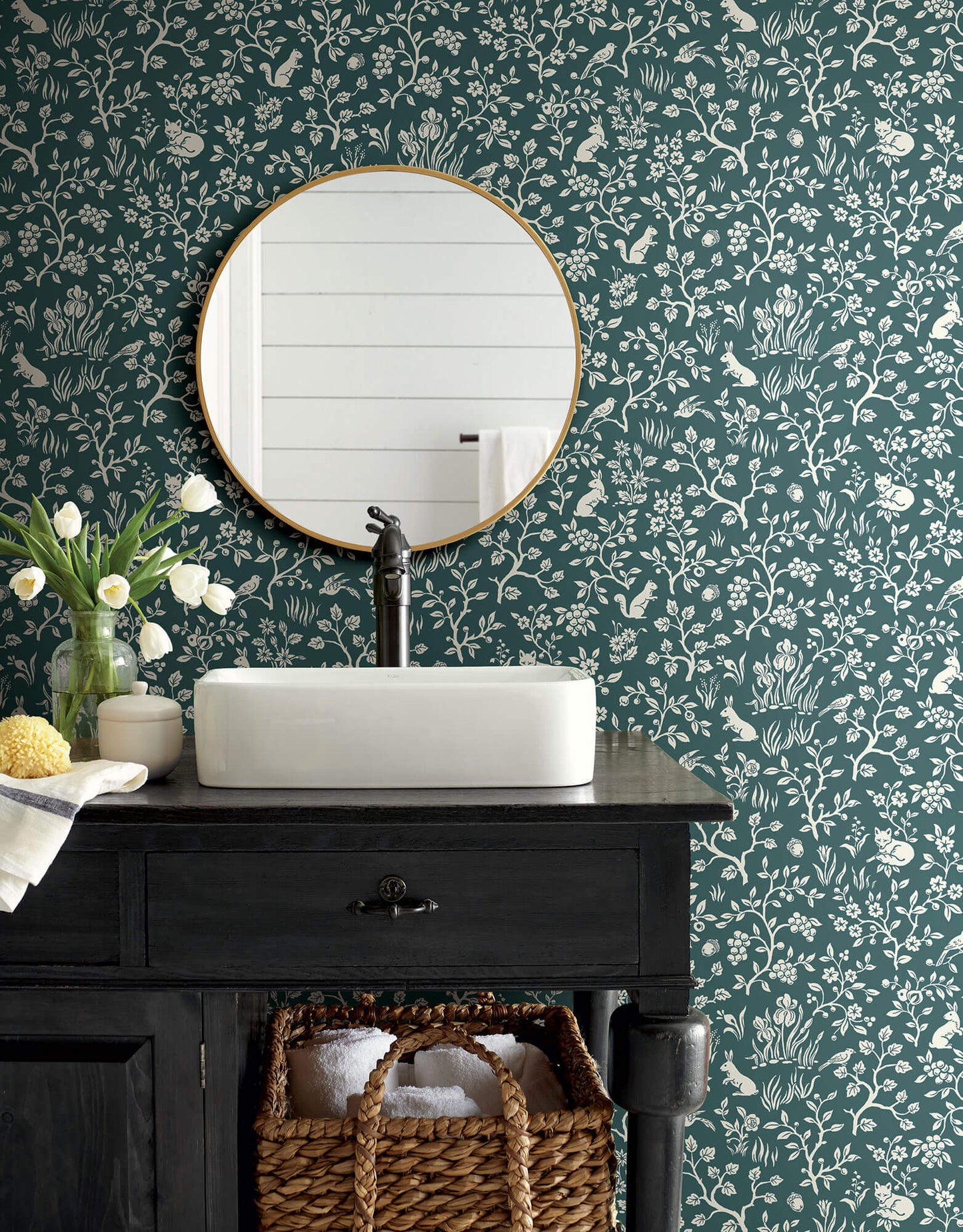 ME1574 Magnolia Home Fox & Hare Bathroom Wallpaper Teal White
