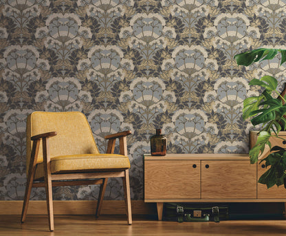 Modern Heritage Yarrow Nouveau Wallpaper - Charcoal & Gold