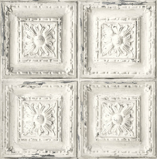 NextWall Distressed Tin Tile Peel & Stick Wallpaper - White