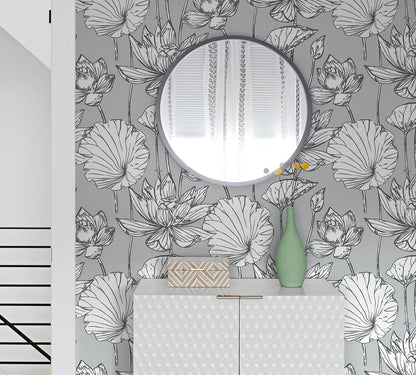 NextWall Lotus Floral Peel & Stick Wallpaper - Gray