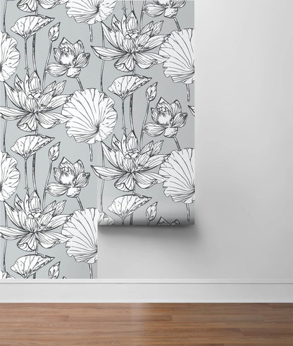 NextWall Lotus Floral Peel & Stick Wallpaper - Gray