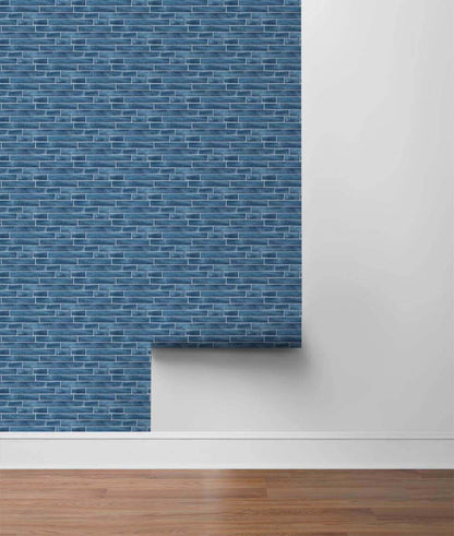 NextWall Brushed Metal Tile Peel & Stick Wallpaper - Blue