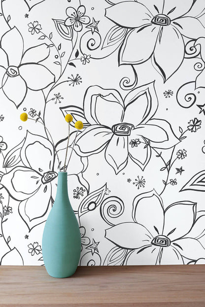 NextWall Linework Floral Peel & Stick Wallpaper - Black & White