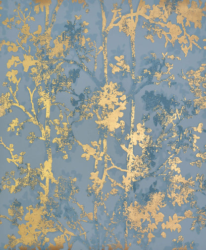 NW3581 Modern Metals Shimmering Foliage Wallpaper Blue Gold