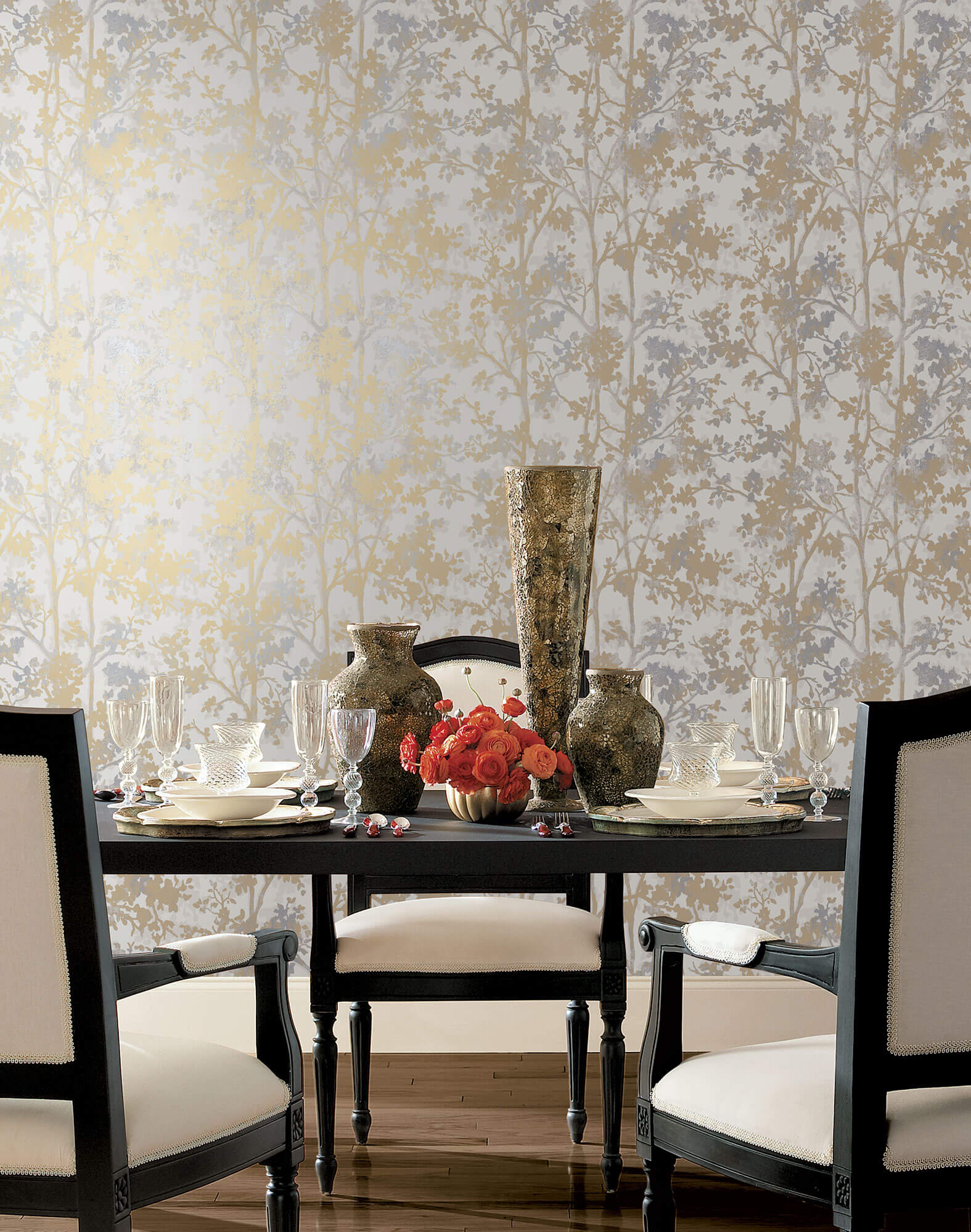NW3583 Modern Metals Shimmering Foliage Wallpaper White Gold