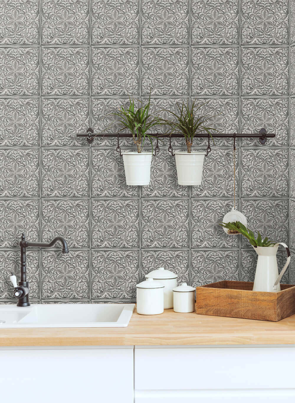 NextWall Faux Embossed Tile Peel & Stick Wallpaper - Silver