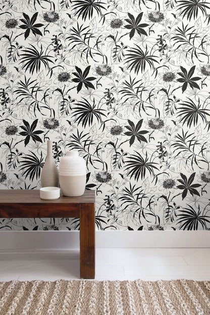 NextWall Tropical Garden Peel & Stick Wallpaper - Black & White