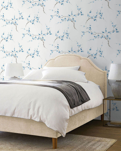 NextWall Cherry Blossom Floral Peel & Stick Wallpaper - Blue & White