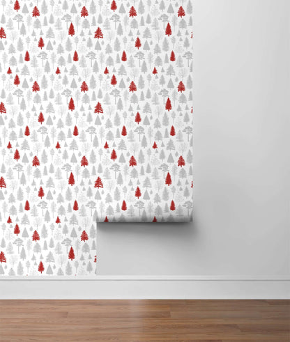 NextWall Winter Forest Holiday Peel & Stick Wallpaper - Grey & Red