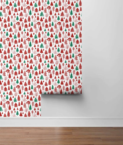 NextWall Winter Forest Holiday Peel & Stick Wallpaper - Red & Green