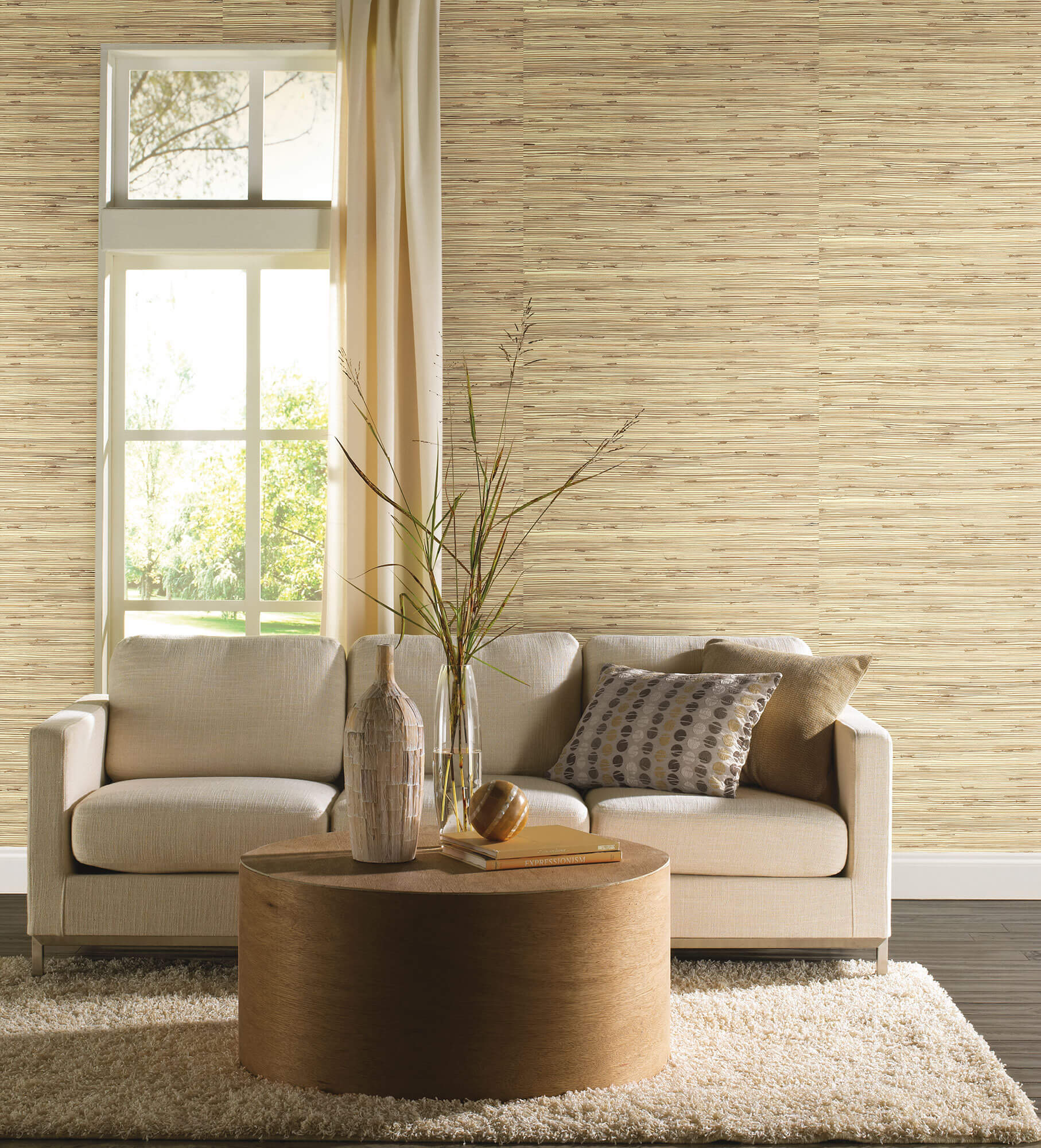 Gold Raffia Wallpaper with Wainscoting  Transitional  Living Room