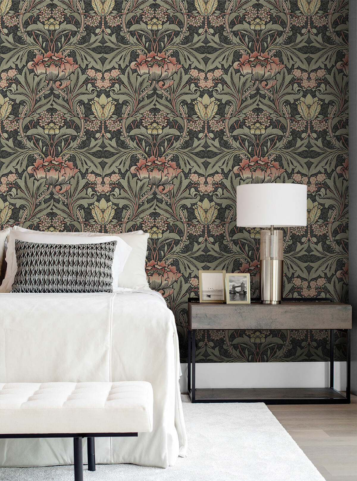 Seabrook Designs Acanthus Floral Wallpaper - Charcoal & Rosewood