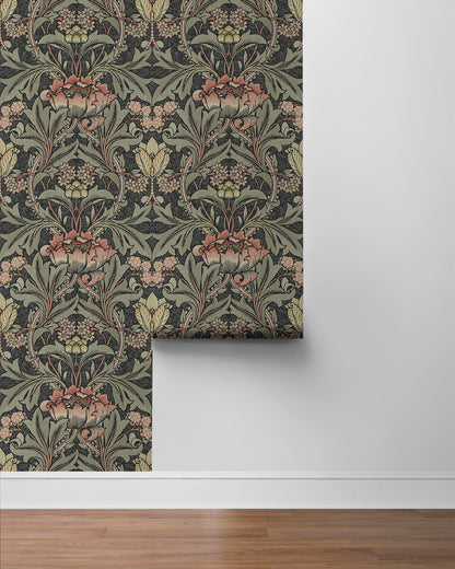 Seabrook Designs Acanthus Floral Wallpaper - Charcoal & Rosewood