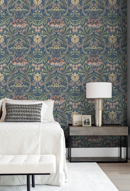 Seabrook Designs Acanthus Floral Wallpaper - Denim Blue & Salmon