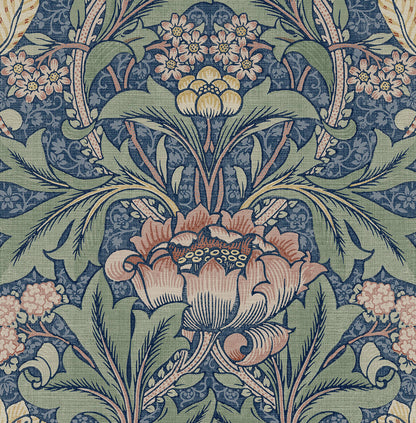 Seabrook Designs Acanthus Floral Wallpaper - Denim Blue & Salmon