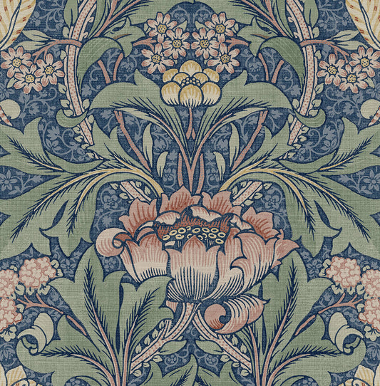 Seabrook Acanthus Floral Wallpaper - Denim Blue & Salmon