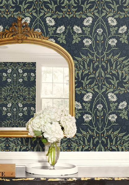 Seabrook Designs Stenciled Floral Wallpaper - Navy Blue & Sage