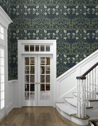 Seabrook Stenciled Floral Wallpaper - Navy Blue & Sage