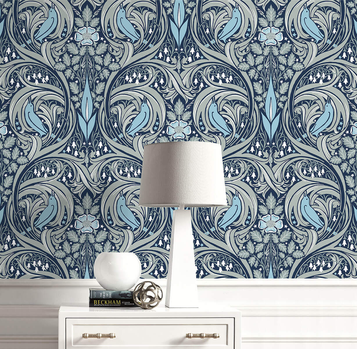Seabrook Designs Bird Ogee Wallpaper - Navy & Sky Blue