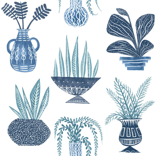 Plant Party Peel & Stick Wallpaper - Blue & White