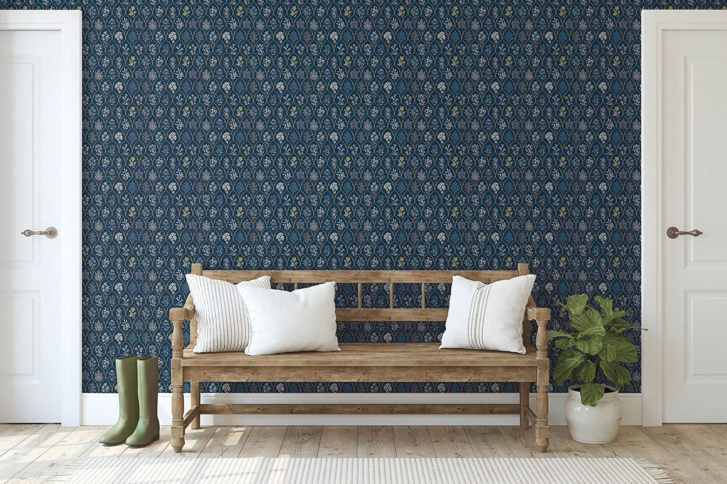 Rifle Paper Co. Hawthorne Wallpaper - Navy & Gold