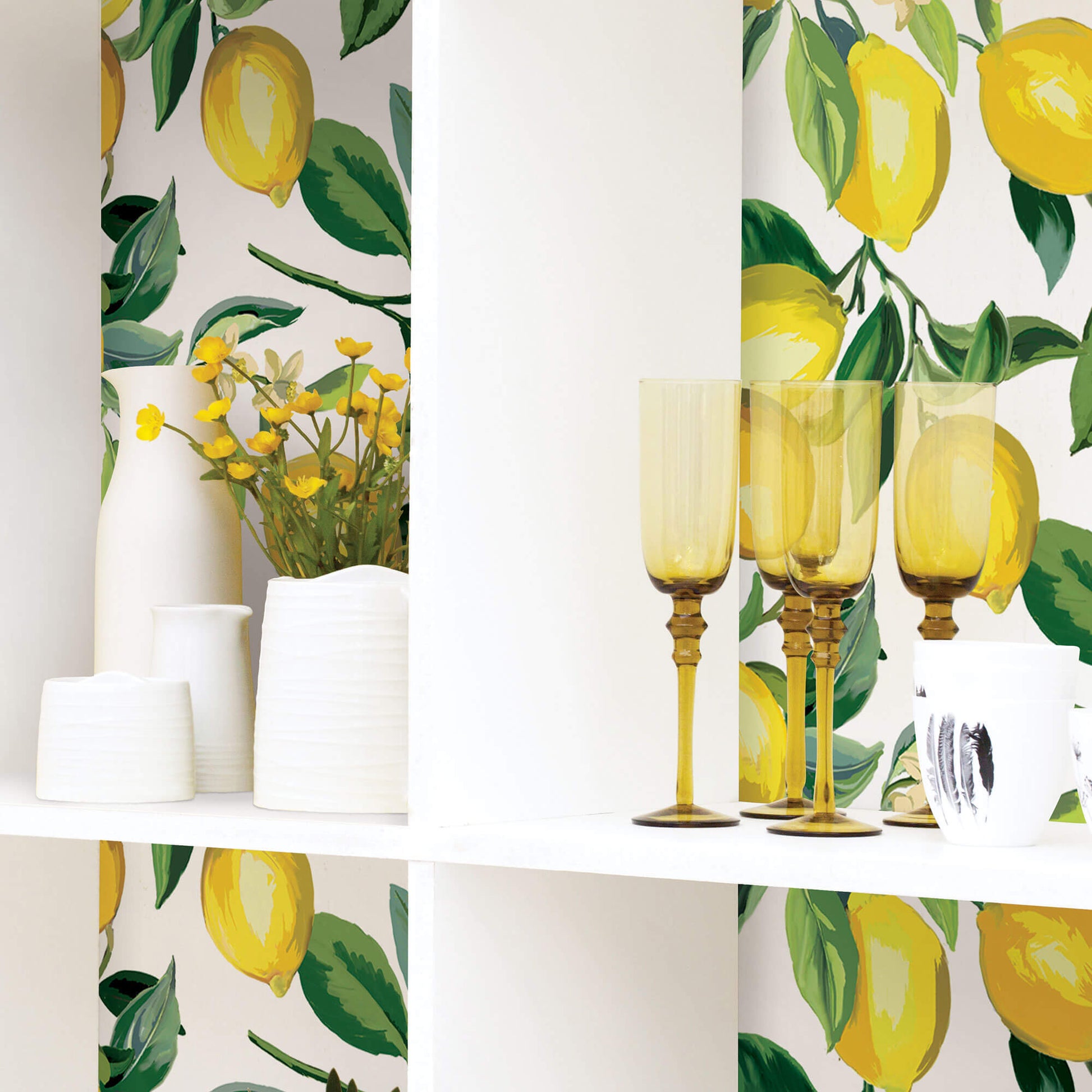 White Art Deco Wallpaper - Yellow Lines Peel and Stick - The Wallberry