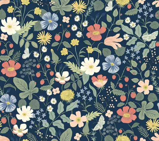 Rifle Paper Co. Second Edition Strawberry Fields Wallpaper - Blue & Pink