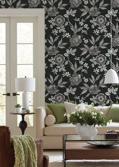Silhouettes Wood Cut Jacobean Wallpaper - Black & White