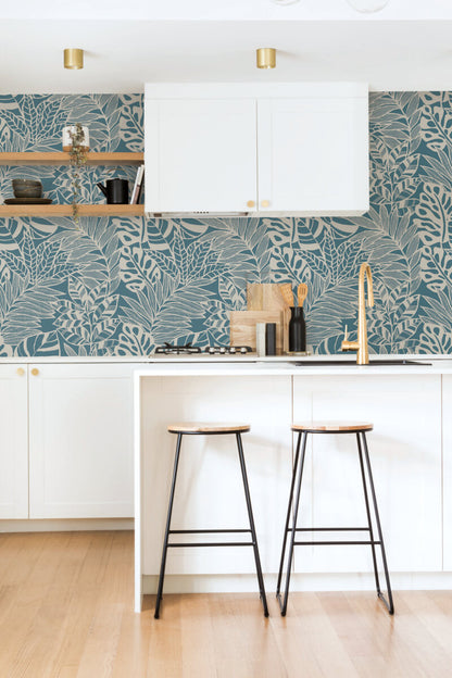 Silhouettes Jungle Leaves Wallpaper - Teal