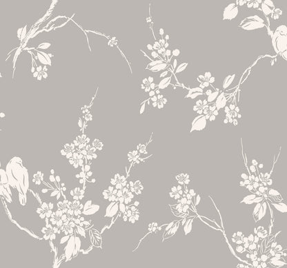 Silhouettes Imperial Blossoms Branch Wallpaper - Gray & White