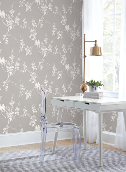 Silhouettes Imperial Blossoms Branch Wallpaper - Gray & White