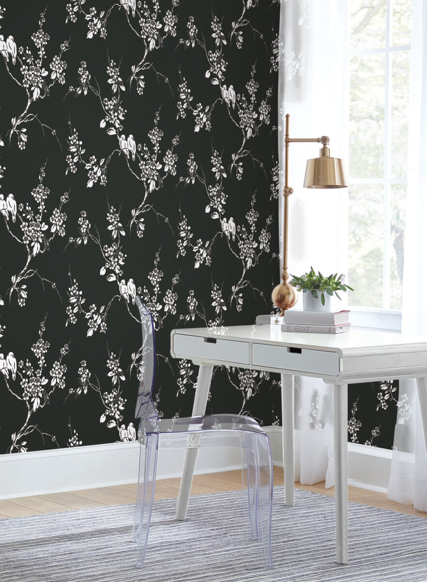 Silhouettes Imperial Blossoms Branch Wallpaper - Black & White