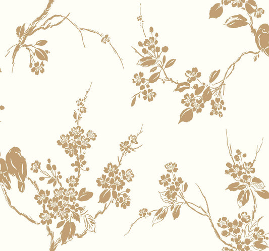 Silhouettes Imperial Blossoms Branch Wallpaper - Metallic Gold & White