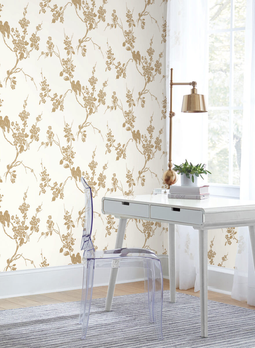 Silhouettes Imperial Blossoms Branch Wallpaper - Metallic Gold & White