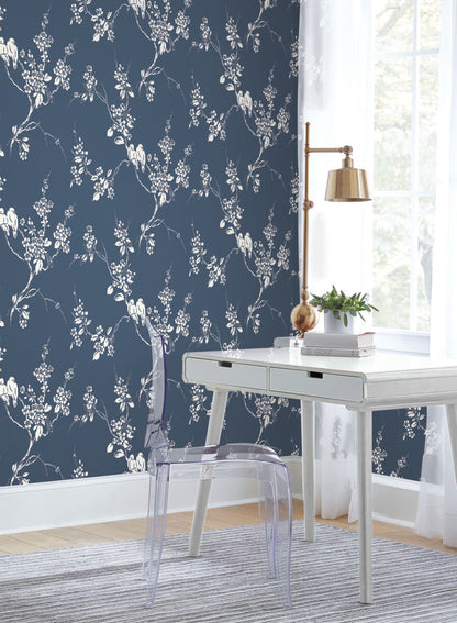Silhouettes Imperial Blossoms Branch Wallpaper - Navy Blue