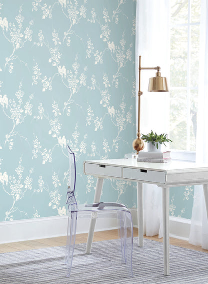Silhouettes Imperial Blossoms Branch Wallpaper - Blue