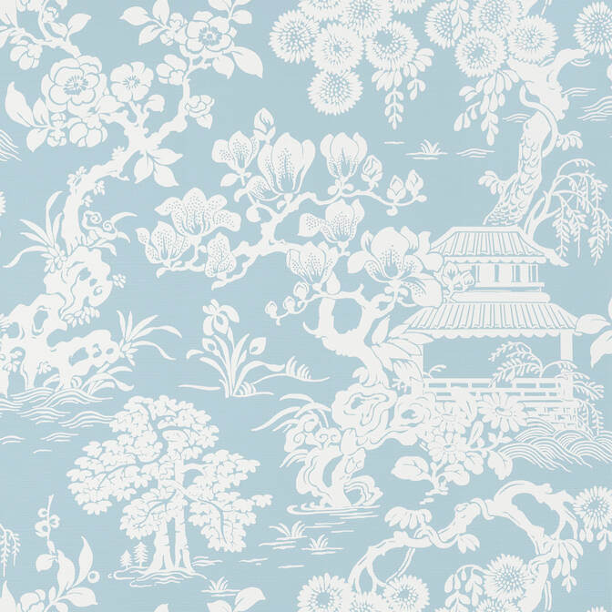 Thibaut Pavilion Japanese Garden Wallpaper - Spa Blue