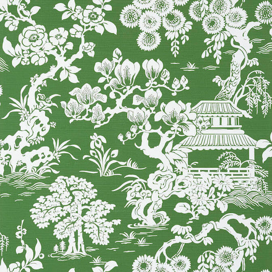 Thibaut Pavilion Japanese Garden Wallpaper - Emerald