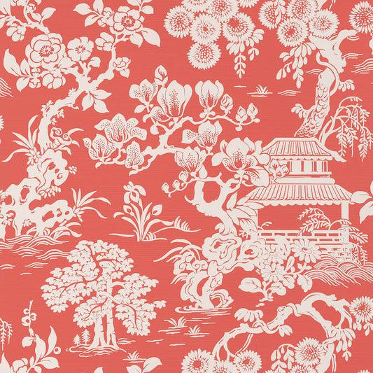 Thibaut Pavilion Japanese Garden Wallpaper - Coral