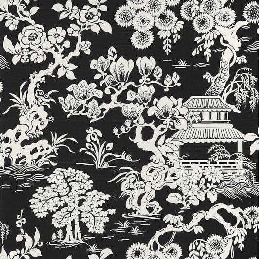 Thibaut Pavilion Japanese Garden Wallpaper - Black