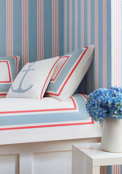Thibaut Pavilion Canvas Stripe Wallpaper - Blue & Coral